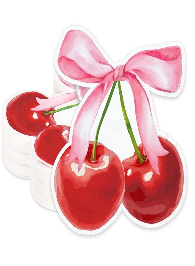 JarThenaAMCS مناديل جارثينا إيه إم سي إس، 100 قطعة، وردية اللون، مزينة بفيونكة وكرز، مناديل ورقية حمراء على شكل كرز، للاستخدام مرة واحدة، مناسبة للغداء والعشاء، مثالية لحفلات أعياد الميلاد. - Image 1